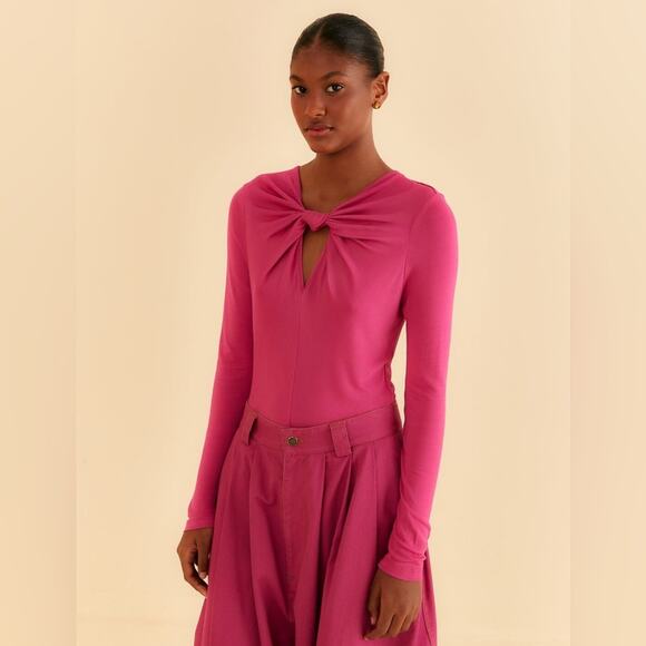 Farm Rio Pink Long Sleeve Knot Twist Key Hole Neck Zip Up Bodysuit M - Picture 4 of 8